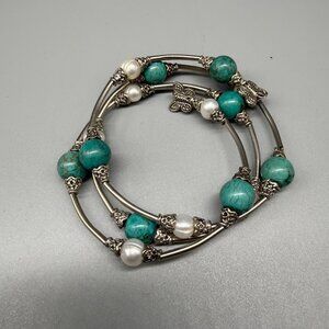 Turquoise & Freshwater Pearl Silver-Tone Beaded Wrap Bracelet With Butterfly Acc